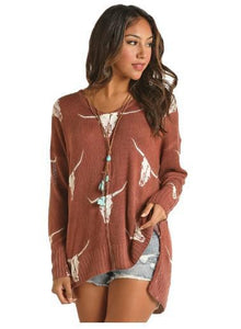 Rock & Roll Bronze Sweater W/ Longhorn Design RRWT32RZOP