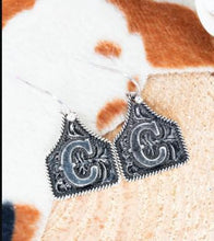 Load image into Gallery viewer, Tipi Cattle Tag Initial Silvertone Earrings