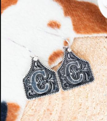 Tipi Cattle Tag Initial Silvertone Earrings