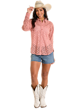 Load image into Gallery viewer, Rock &amp; Roll Rose Eyelet LS Boyfriend Shirt BWB2S06296