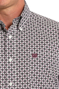 Cinch Mens L/S Diamond Print Button-Down Western Shirt - White MTW1105916