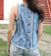 Load image into Gallery viewer, Cruel Denim Ladies Chambray/Aztec Button Back Tank Top CTW7512001