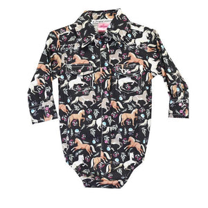 Cowgirl Hardware Infant Horse Flowers L/S Romper, Black 825643R-010-I