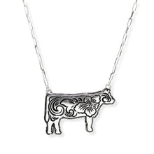 Load image into Gallery viewer, 107103 &amp; 107106 Western Themed Flower Engraved Cow Pendant Necklace &amp; Earrings