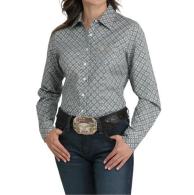 Cinch Women's LS Button Up Shirt - Wh/Blu Medallion Print MTW9164252
