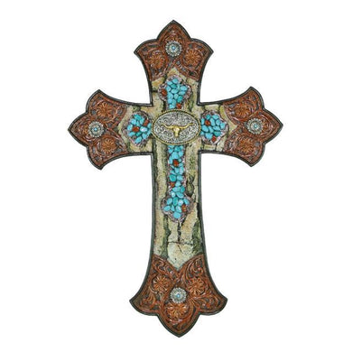 Hanging Cross with Tooled Leather and Longhorn Concho DEC-13205