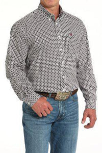 Cinch Mens L/S Diamond Print Button-Down Western Shirt - White MTW1105916