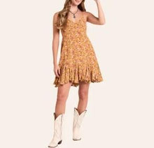 Load image into Gallery viewer, Rock &amp; Roll Flower Print Mini Dress Gold BWD0R08809