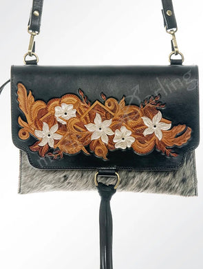 American Darling Black Hair On Tooled Flower Crossbody  ADBGI116A