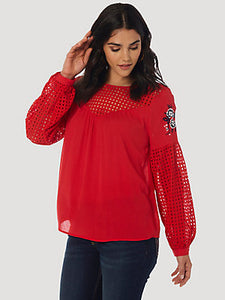 WRANGLER RETRO LONG SLEEVE EMBROIDERED RED PEASANT TOP LWK760R