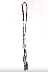 West&Co 36" Turq & Silver Beaded Necklace W/Concho & Leather Tassel N584