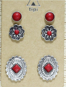 Tipi 3 Pk Western Red Coral Stone Post Earrings SE-1632SBCO