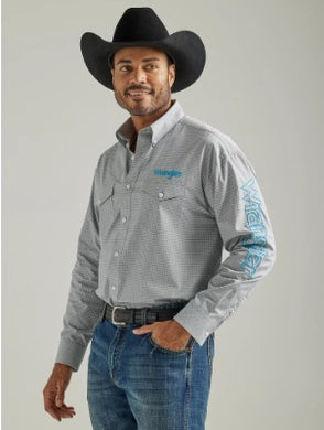 Wrangler Classic Fit Grey W/ Turq Mens L/S Shirt 112327779