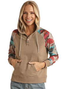 Rock & Roll Tan Hoodie With Southwest print Sleeves RRWT94R04F