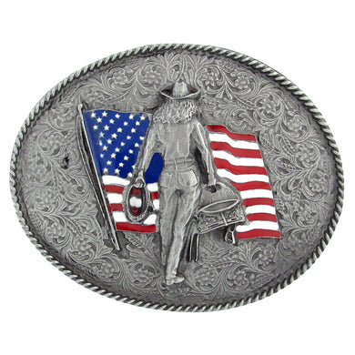 Oval Cowgirl with American Flag Belt Buckle with Enamel Finish