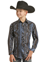 Load image into Gallery viewer, Rock &amp; Roll Boys&#39; L/S Aztec Stripe Snap Blue RRBSOSR08W