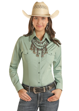 Panhandle Women's Solid Poplin Snap Shirt Aqua PWN2S03154