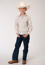 Load image into Gallery viewer, Roper Boys Poly/Cotton Tan &amp; Cream Windowpane Plaid L/S