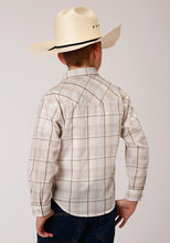 Load image into Gallery viewer, Roper Boys Poly/Cotton Tan &amp; Cream Windowpane Plaid L/S