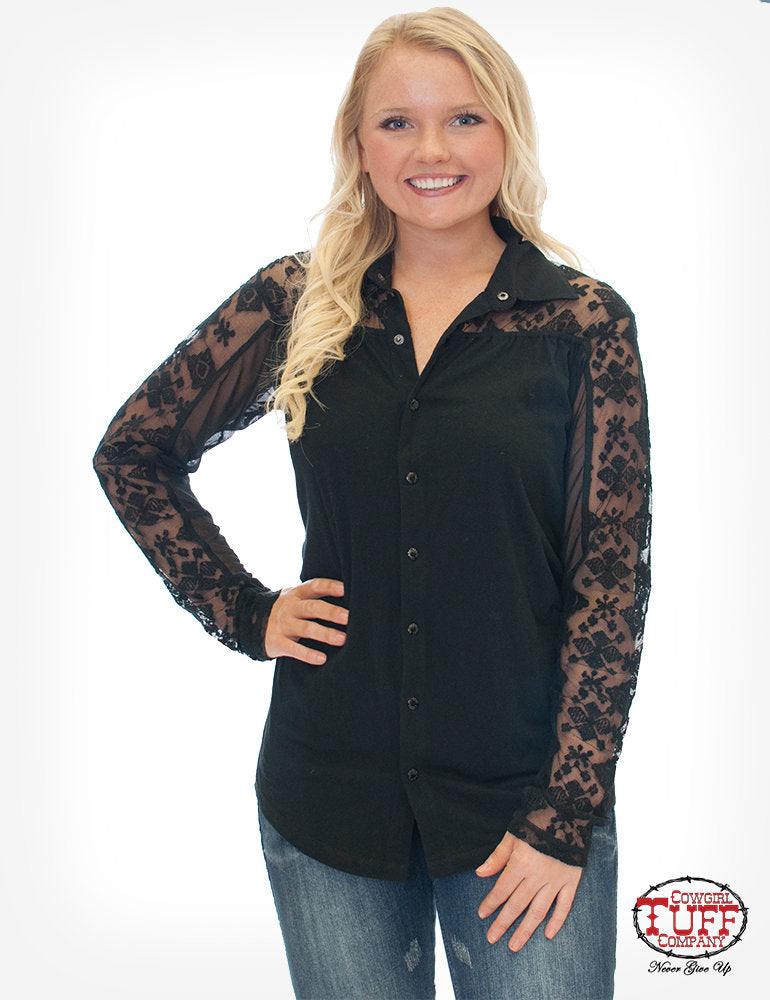 Cowgirl Tuff Black Jersey And Lace Sleeve FOO406